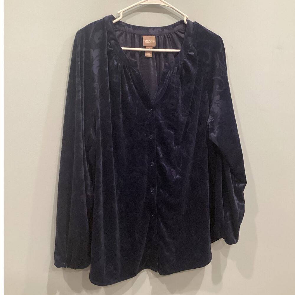Chicos Womens Button Up Velvet Burnout Shirt L Navy Blue Floral Whimsigoth‎ Boho